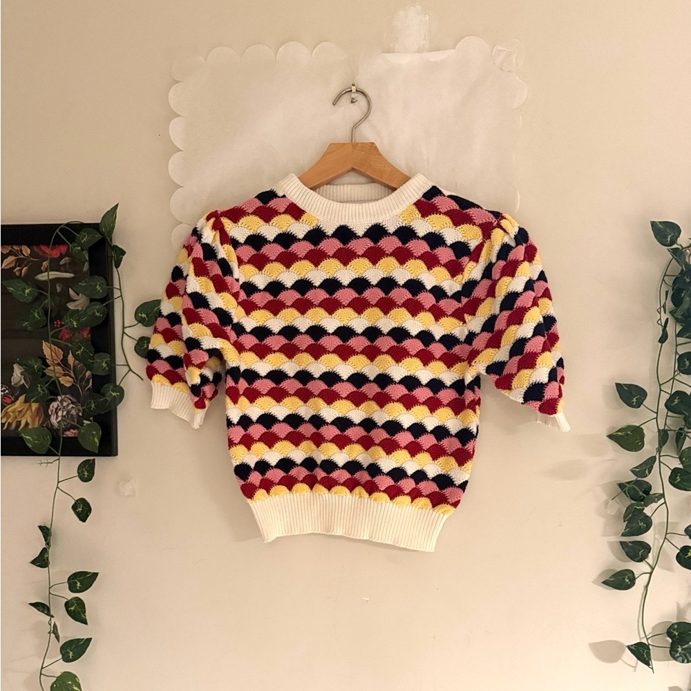 Zara Multicolor Scallop Short-Sleeve Cotton Crochet Knit Sweater Women Small